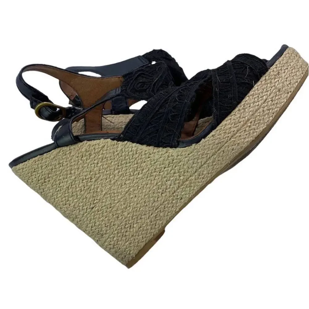 Lucky Brand Ridgeview Rita Black Macrame Lace Platform Wedge Sandals 8M Box